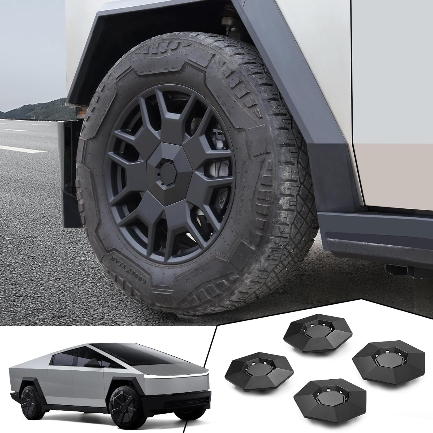 Cybertruck Heptagon Center Wheel Caps &amp; Lug Nut covers (Set of 4) - Version 2.0