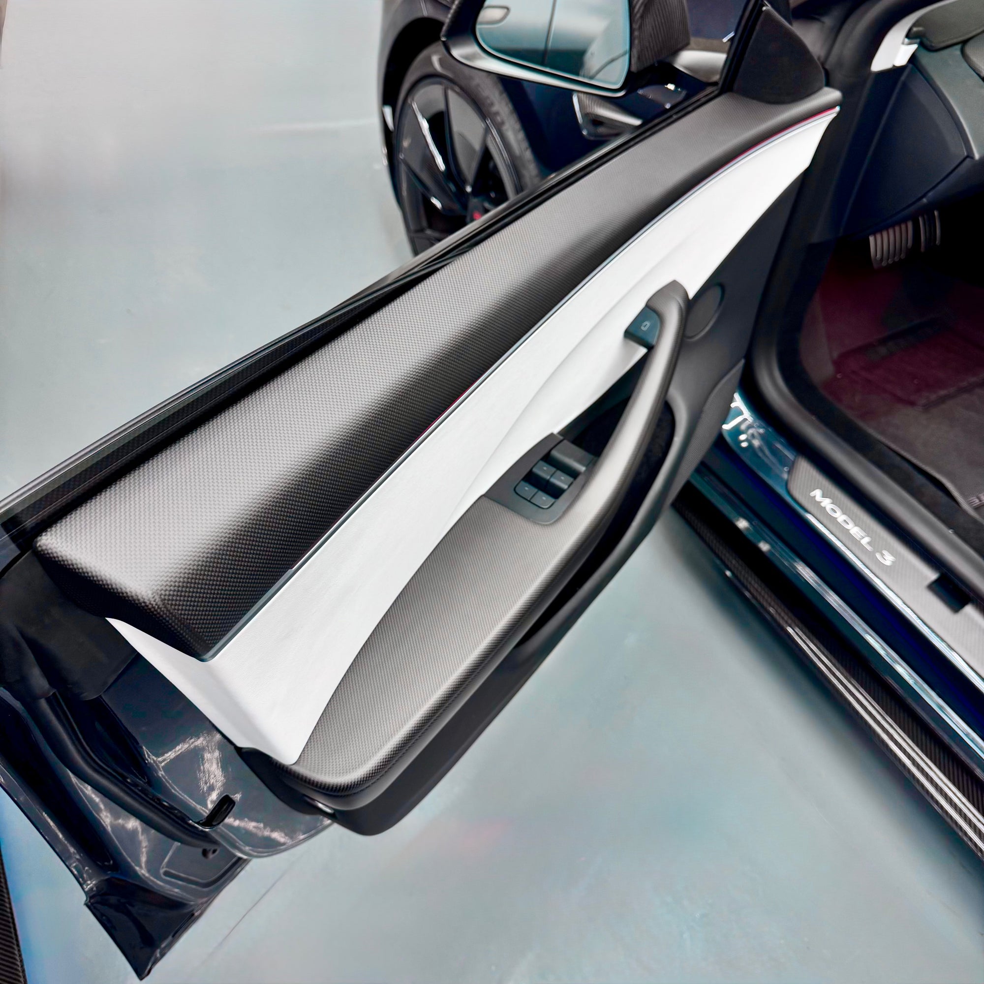 2024+ | Model 3 Front &amp; Rear Lower Door Armrest Overlays (4 Pieces) &quot;Plain Weave&quot; - Real Dry Molded Carbon Fiber