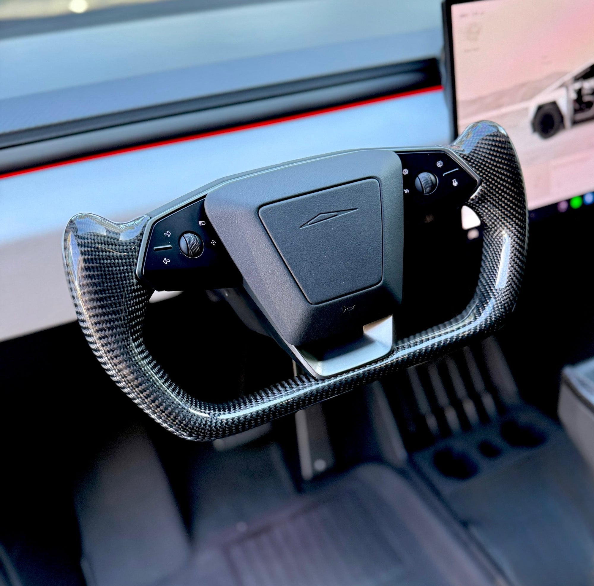 Cybertruck Yoke Steering Wheel - TESLA Factory Original Core, Reshaped &amp; Resurfaced in Real Molded Carbon Fiber