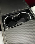 2025+ | Model Y Juniper Refreshed Extended Front Cup Holder & Center Console Full Overlay 2.0 (4 Piece Kit) - Real Dry Molded Carbon Fiber