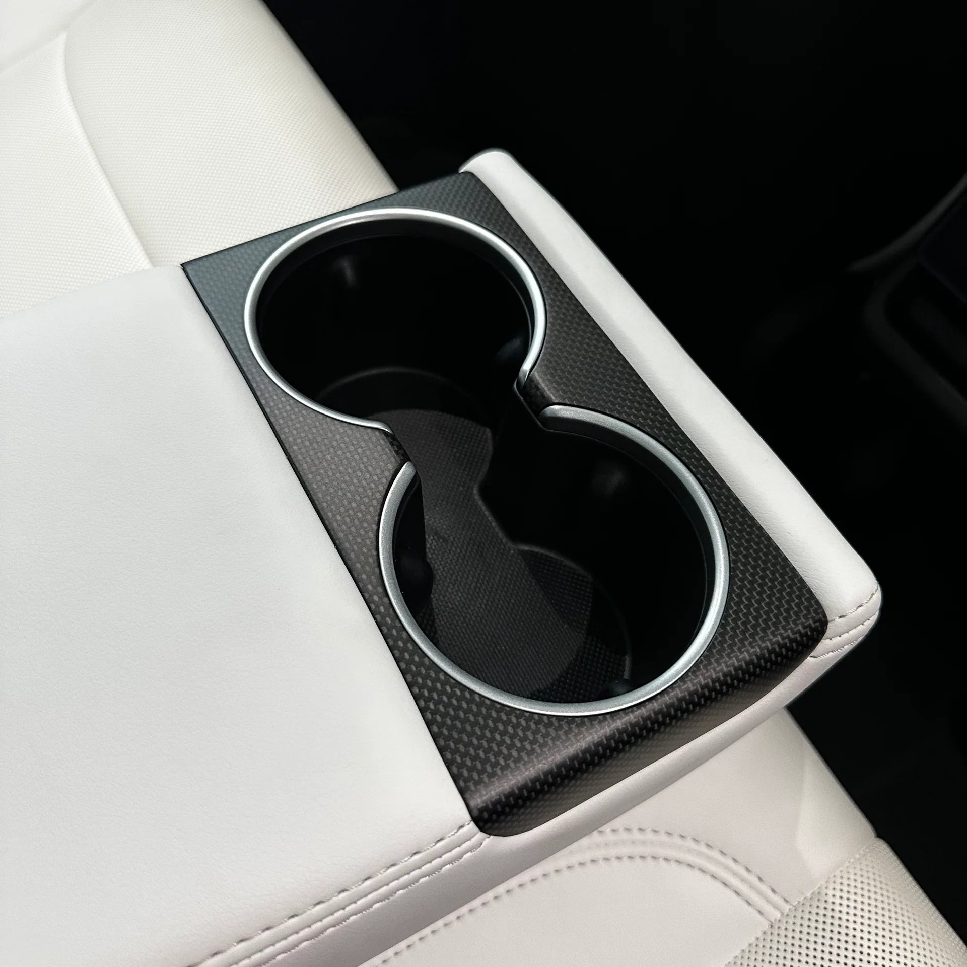 2025+ | Model Y Juniper Refreshed &quot;Plain Weave&quot; (Performance Look) Extended Front Cup Holder &amp; Center Console Full Overlay 2.0 (4 Piece Kit) - Real Dry Molded Carbon Fiber