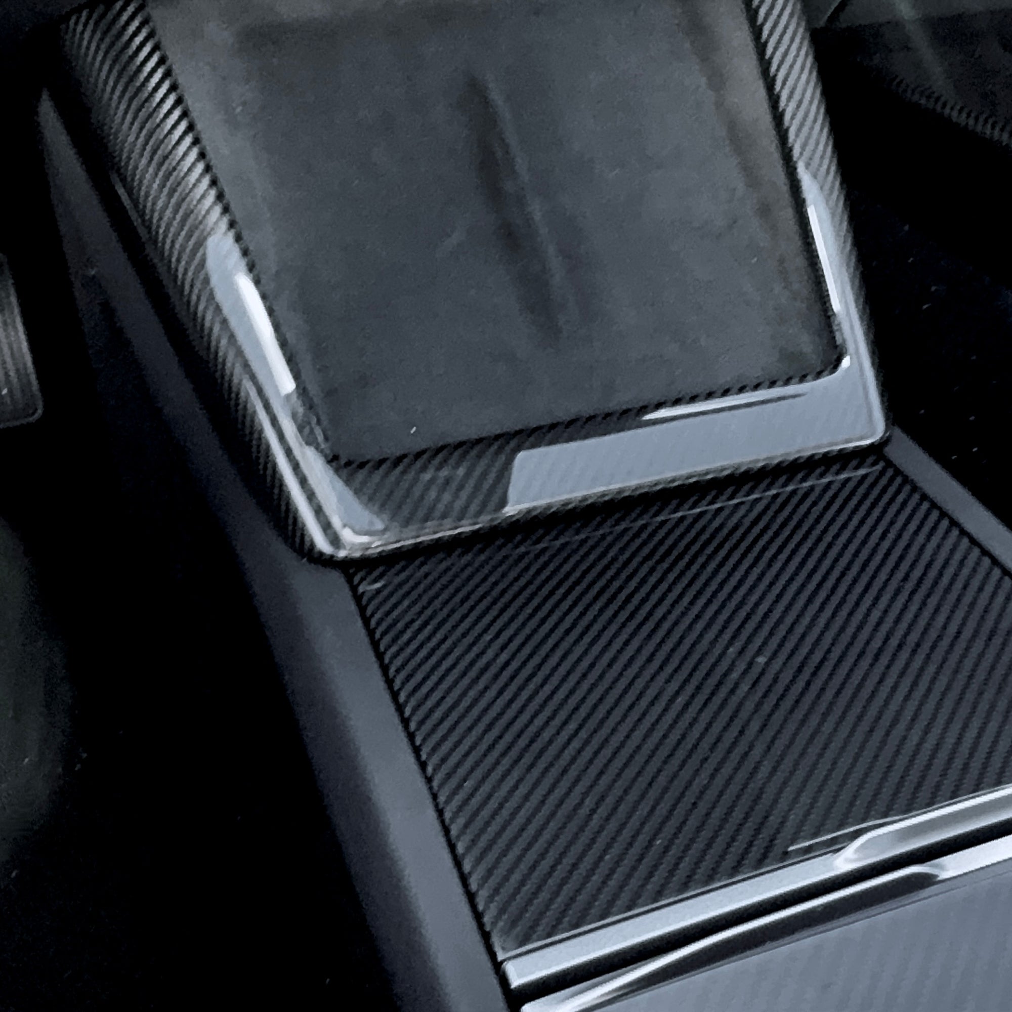 2024+ | Model 3 Center Console &amp; Front Cup Holder Overlay 1.0 (4 Piece Kit)  Real Dry Molded Carbon Fiber