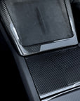 2025+ | Model Y Juniper Refreshed Center Console & Front Cup Holder Overlay 1.0 (4 Piece Kit)  Real Dry Molded Carbon Fiber