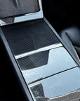 2025+ | Model Y Juniper Refreshed Center Console & Front Cup Holder Overlay 1.0 (4 Piece Kit)  Real Dry Molded Carbon Fiber