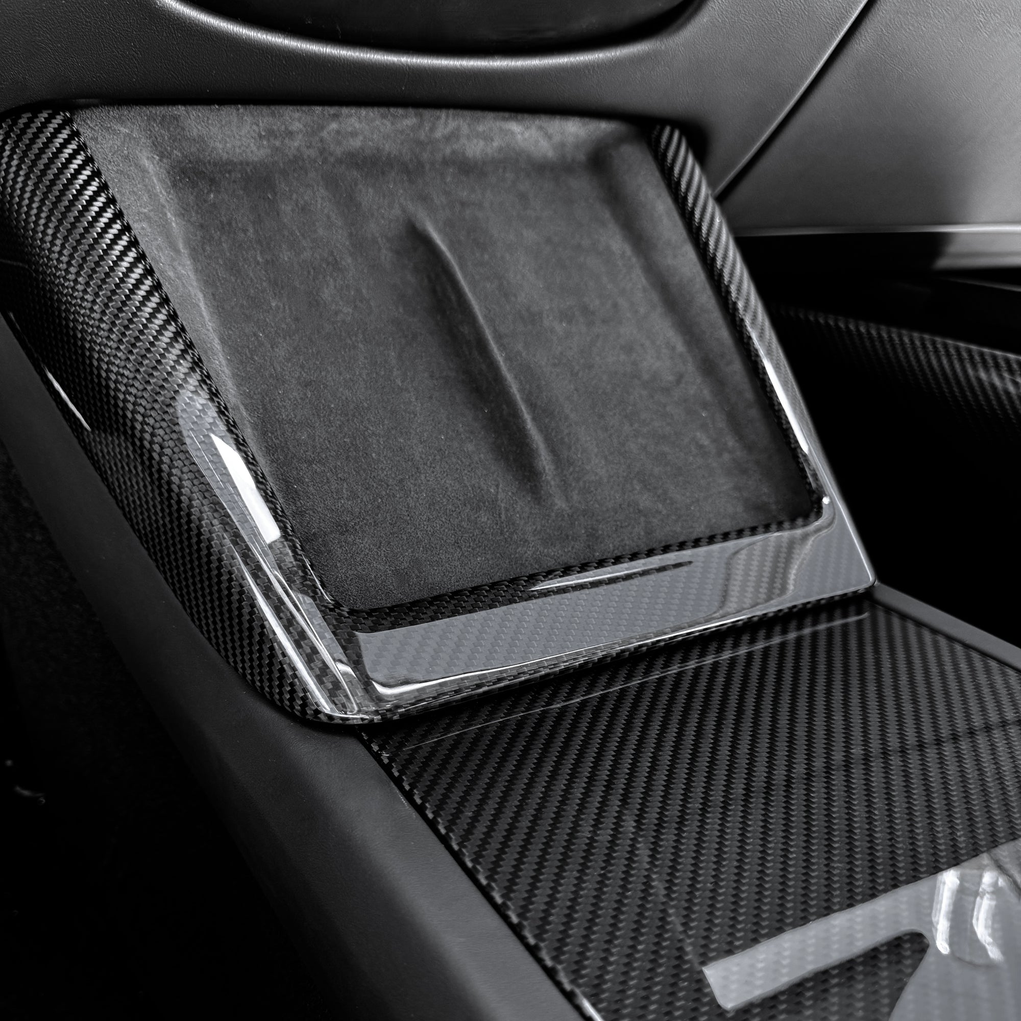 2025+ | Model Y Juniper Refreshed Center Console &amp; Front Cup Holder Overlay 1.0 (4 Piece Kit)  Real Dry Molded Carbon Fiber