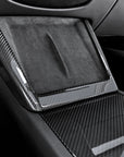 2025+ | Model Y Juniper Refreshed Center Console & Front Cup Holder Overlay 1.0 (4 Piece Kit)  Real Dry Molded Carbon Fiber