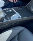 2025+ | Model Y Juniper Refreshed Center Console & Front Cup Holder Overlay 1.0 (4 Piece Kit)  Real Dry Molded Carbon Fiber