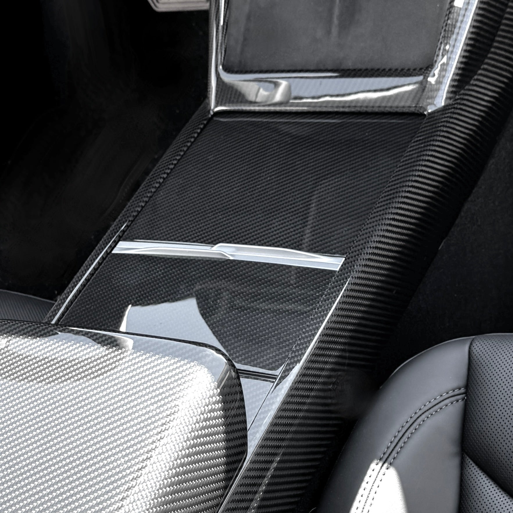 2025+ | Model Y Juniper Refreshed Center Console &amp; Front Cup Holder Overlay 1.0 (4 Piece Kit)  Real Dry Molded Carbon Fiber