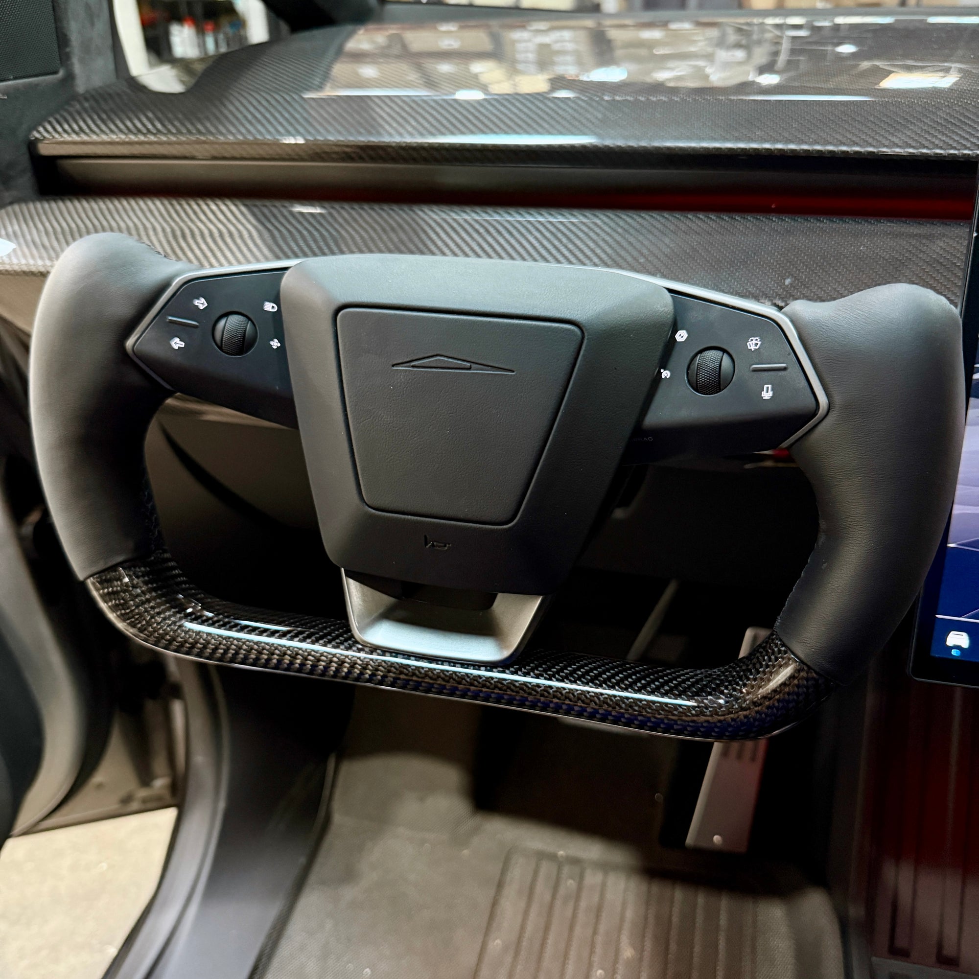 Cybertruck Heated Yoke Steering Wheel - TESLA Factory Original Core, Reshaped &amp; Resurfaced in Napa Leather &amp; Real Molded Carbon Fiber