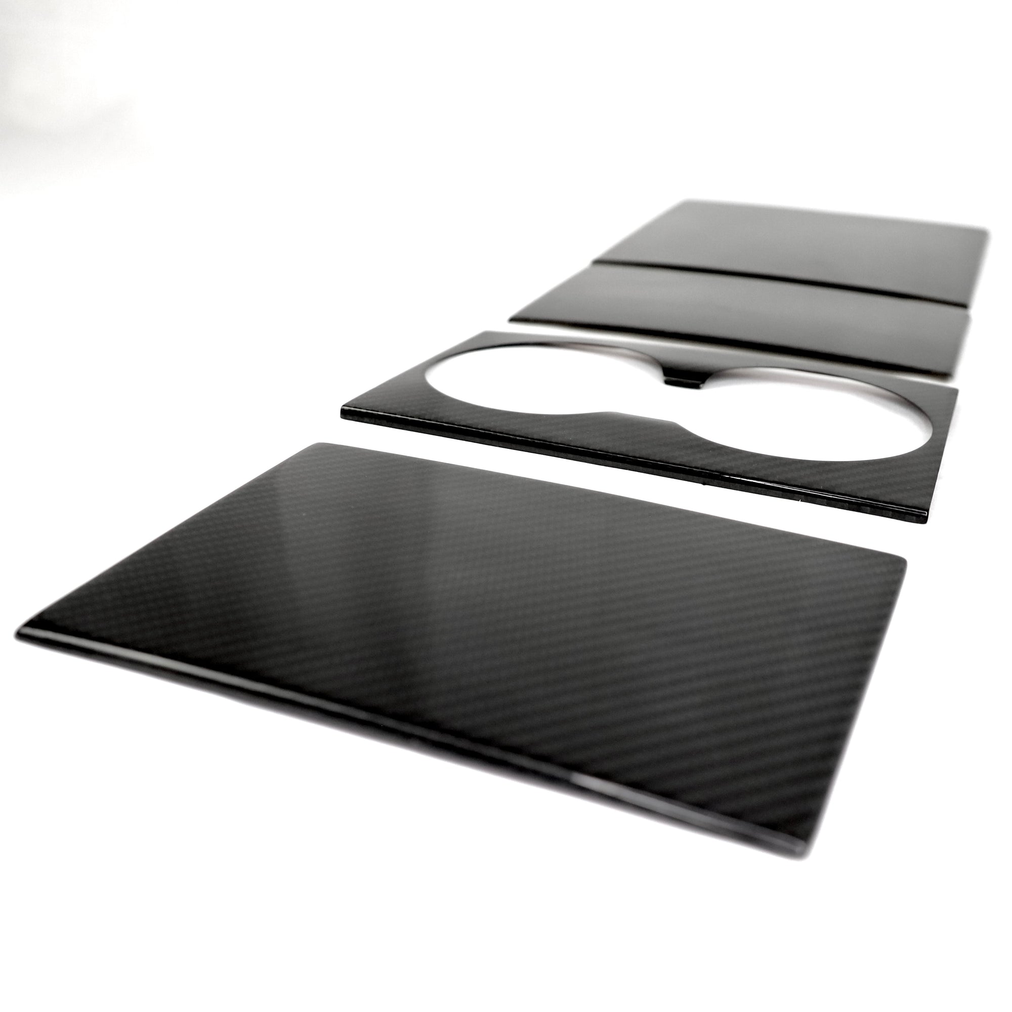 2024+ | Model 3 Center Console &amp; Front Cup Holder Overlay 1.0 (4 Piece Kit)  Real Dry Molded Carbon Fiber