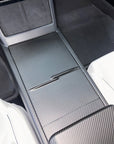 2025+ | Model Y Juniper Refreshed Extended Front Cup Holder & Center Console Full Overlay 2.0 (4 Piece Kit) - Real Dry Molded Carbon Fiber