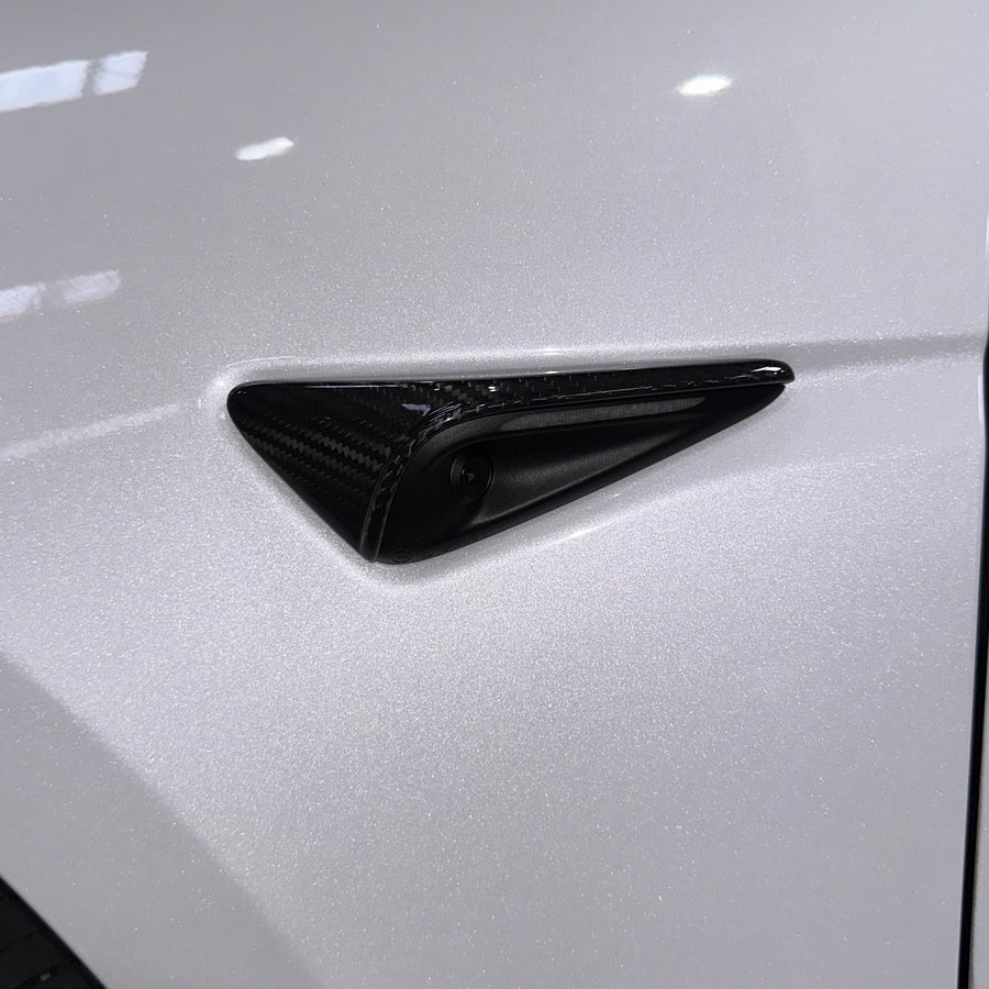 2023+ | Model 3XY Top Half Cover Turn Signal Overlays - Hardware 4.0 (1 Pair) - Real Dry Molded Carbon Fiber