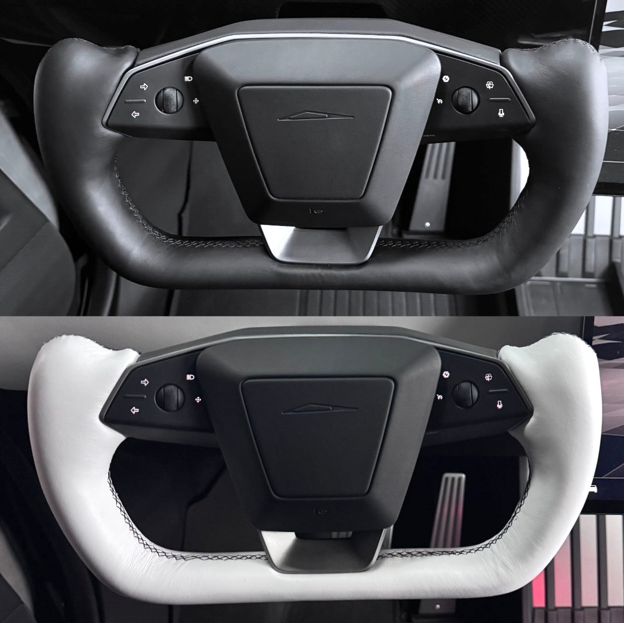 Cybertruck Heated Leather Yoke Steering Wheel - TESLA Factory Original Core, Reshaped &amp; Resurfaced in Napa Leather