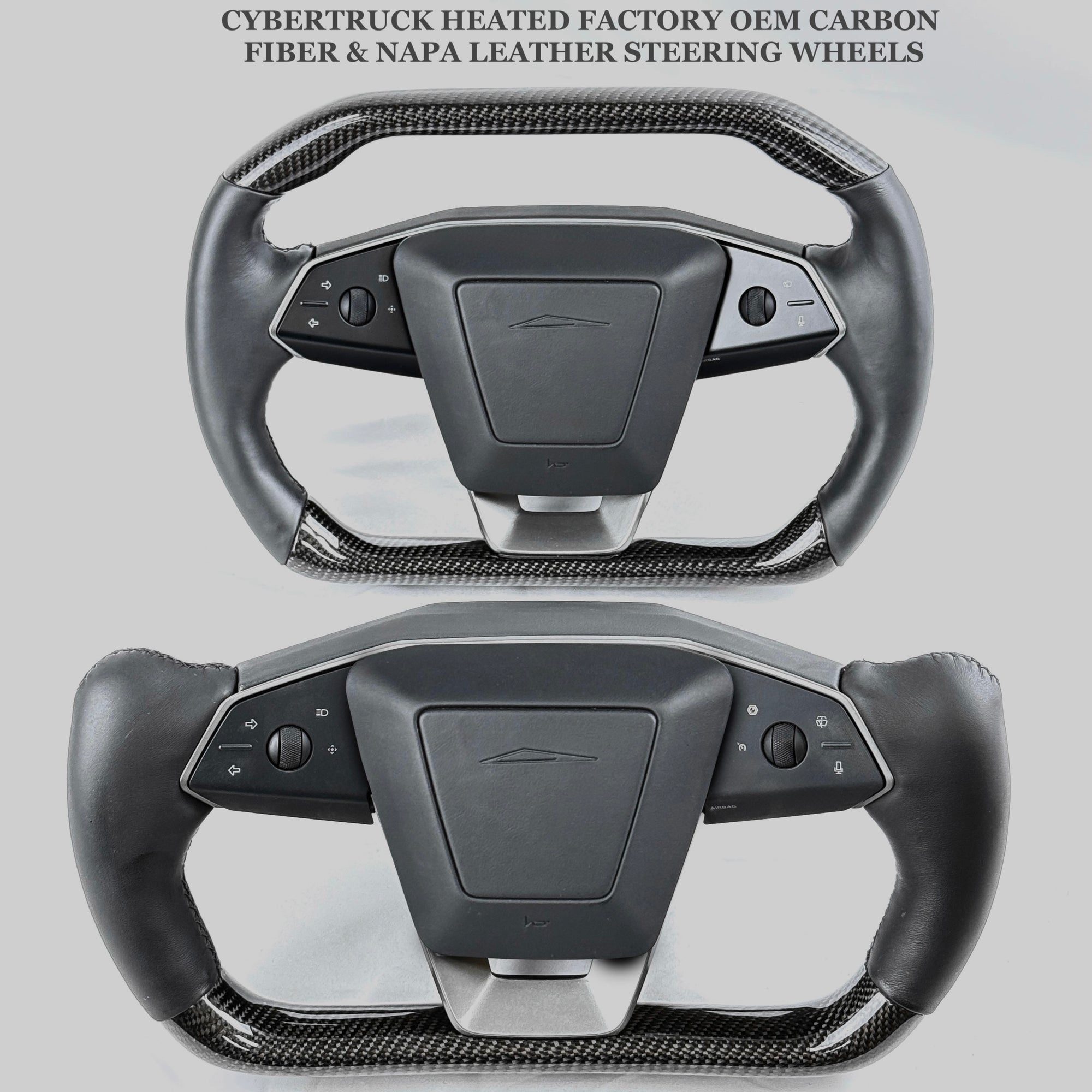 Cybertruck Heated Yoke Steering Wheel - TESLA Factory Original Core, Reshaped &amp; Resurfaced in Napa Leather &amp; Real Molded Carbon Fiber