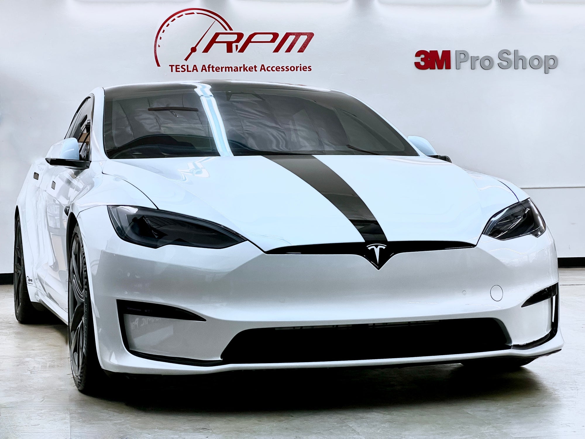 Model S Hood Racing Stripe Made from Xpel Ultimate Plus Black PPF