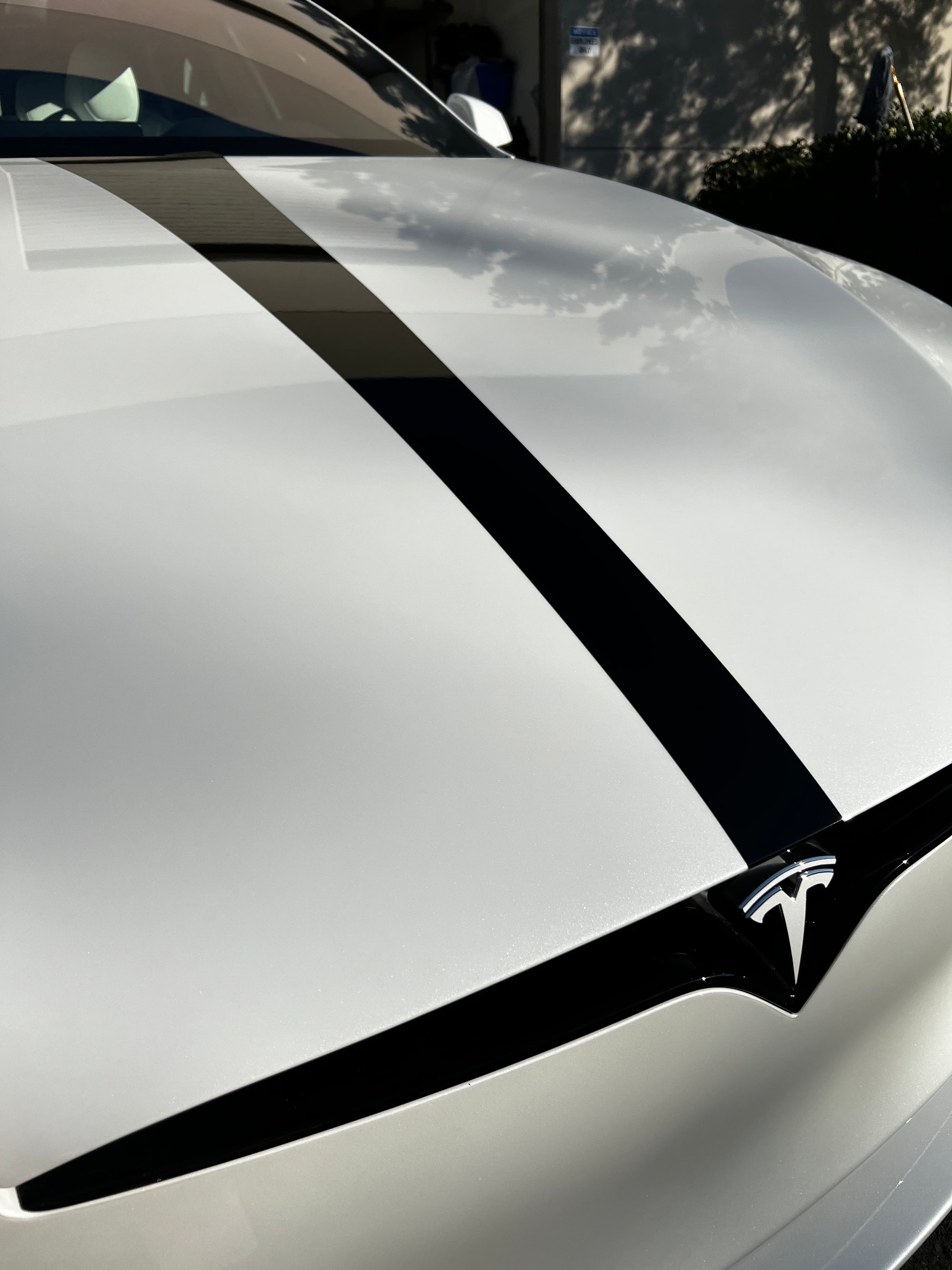 Model S Hood Racing Stripe Made from Xpel Ultimate Plus Black PPF