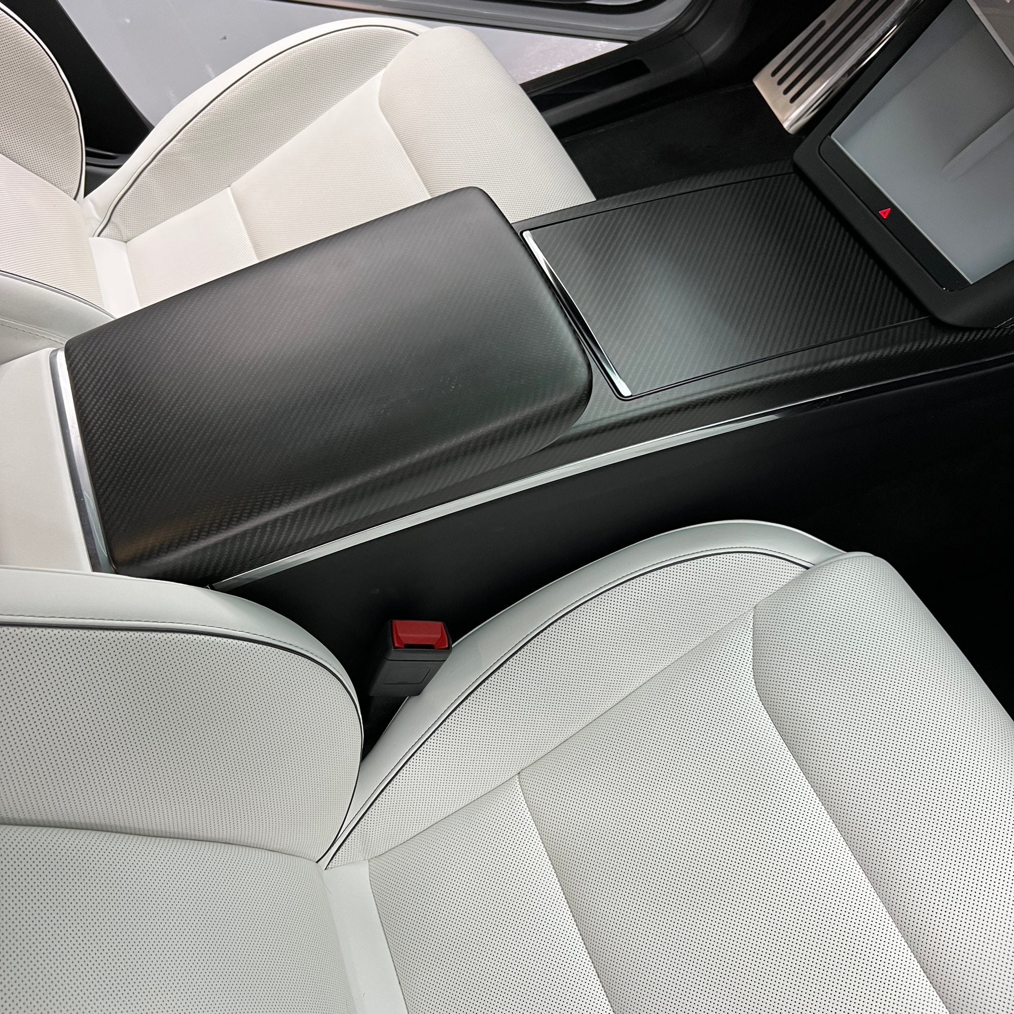 2021+ | Model S &amp; X Center Console Armrest Overlay - Real Molded Carbon Fiber