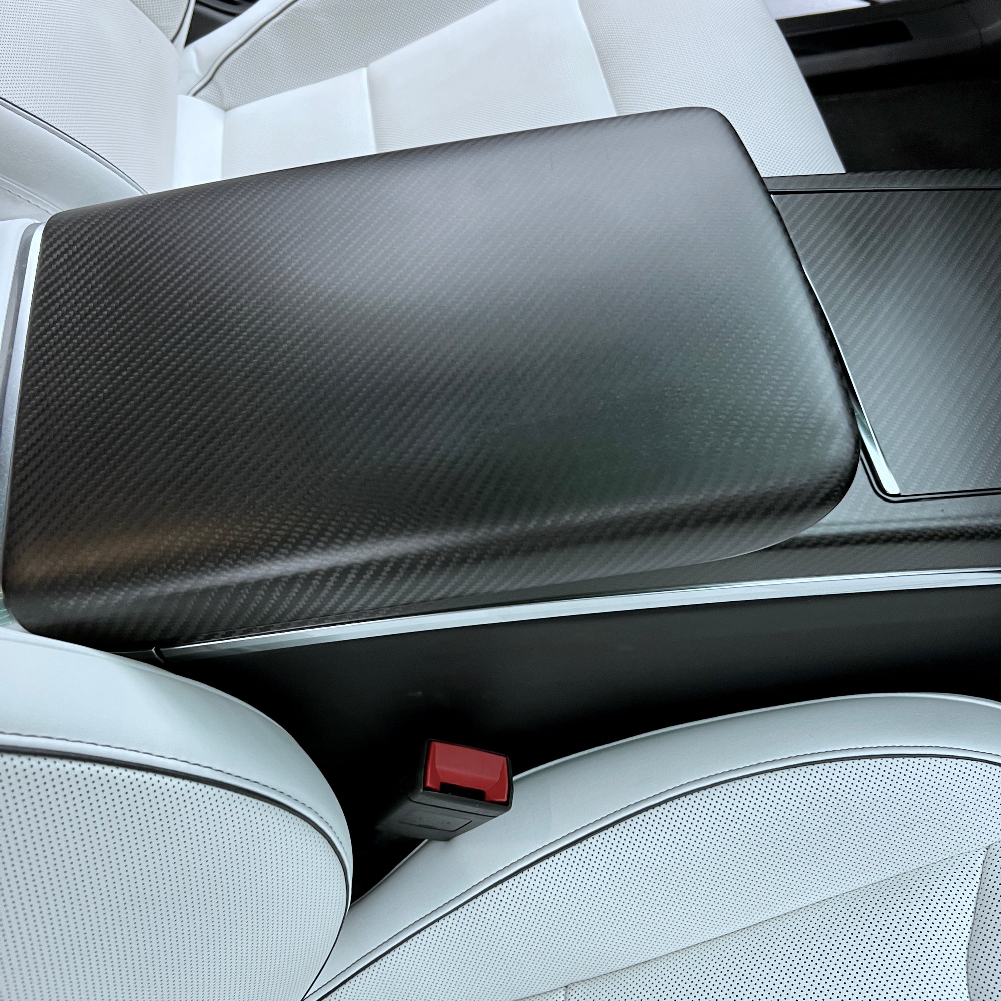 2021+ | Model S &amp; X Center Console Armrest Overlay - Real Molded Carbon Fiber