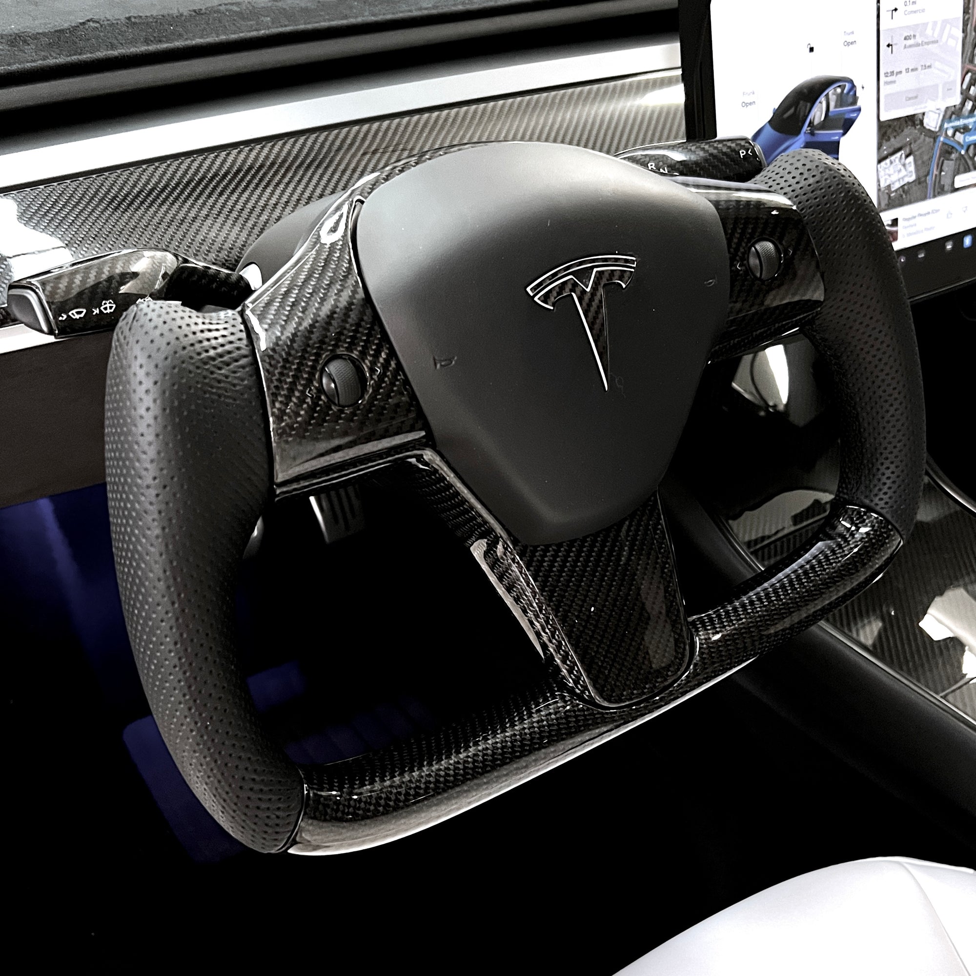 Model 3 &amp; Y Yoke Style Steering Wheel - Carbon Fiber &amp; Black Leather Handles